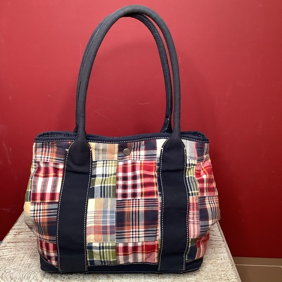 J. Crew Multicolor Classic Cotton Madras Preppy Patchwork Purse Tote Bag Navy - Picture 3 of 13